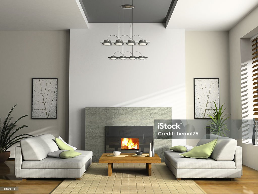 Home interior with fireplace and sofas 3D rendering  Coffee Table Stock Photo