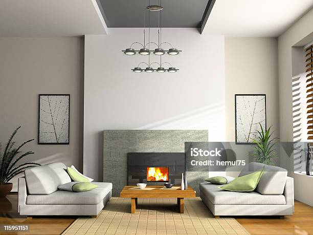 Home Interior With Fireplace And Sofas 3d Rendering Stock Photo - Download Image Now