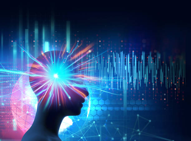 silueta de humano virtual en onda delta del cerebro forma 3d ilustración - frequency fotografías e imágenes de stock