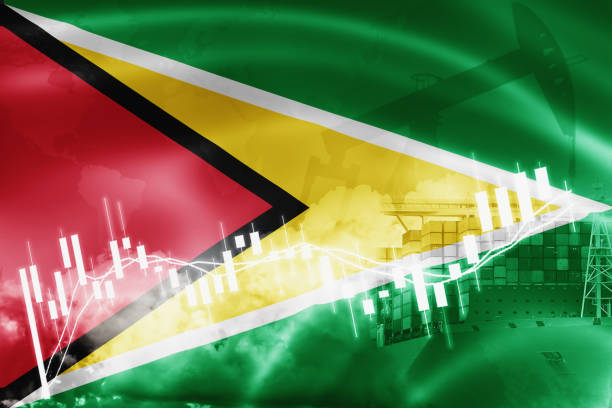 Guyana flag, stock market, exchange economy and Trade, oil production, container ship in export and import business and logistics. Guyana flag, stock market, exchange economy and Trade, oil production, container ship in export and import business and logistics. guyana photos stock pictures, royalty-free photos & images