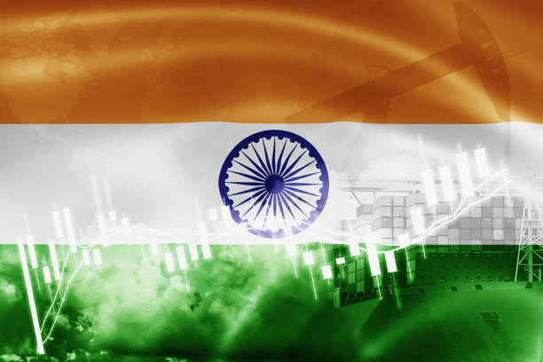 india flag, mercato azionario, economia di borsa e commercio, produzione di petrolio, navi portacontainer nel settore delle esportazioni e importazioni e logistica. - gasoline fossil fuel dollar sign fuel and power generation foto e immagini stock