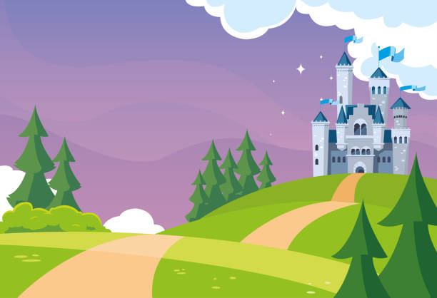 illustrazioni stock, clip art, cartoni animati e icone di tendenza di castello costruzione fiaba in paesaggio montuoso - castle
