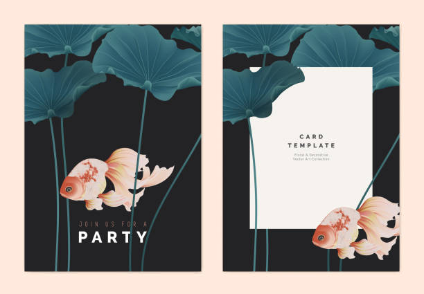 파티 초대 카드 템플릿 디자인, 어두운 회색 배경에 연꽃 잎금붕어, 파스텔 빈티지 스타일 - water lily lotus water lily stock illustrations