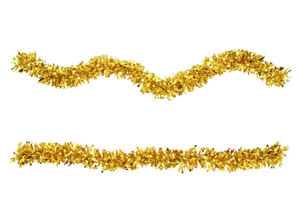 christmas gold tinsel for decoration. white isolate - tinsel imagens e fotografias de stock