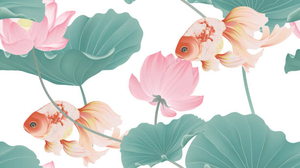 ilustraciones, imágenes clip art, dibujos animados e iconos de stock de patrón botánico sin costuras, flores de loto rosa y pez dorado sobre fondo blanco, estilo vintage pastel - lotus leaf