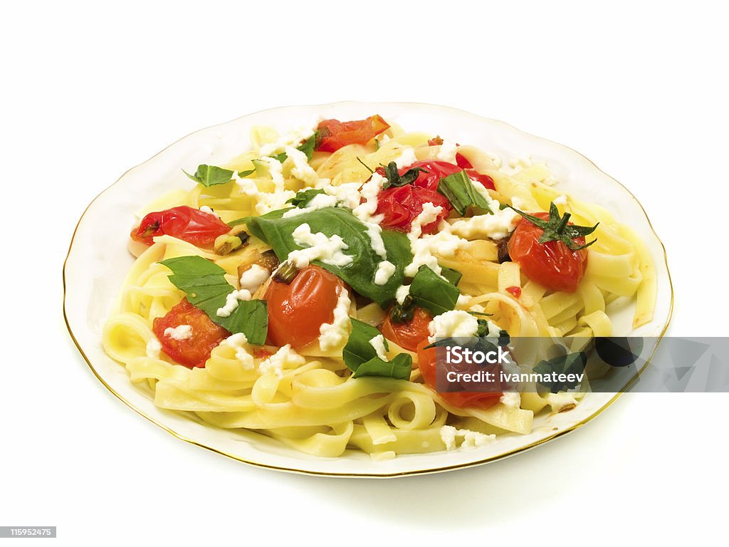 Massa coleção-Fettucini com tomate, Manjericão e mozarella - Royalty-free Branco Foto de stock