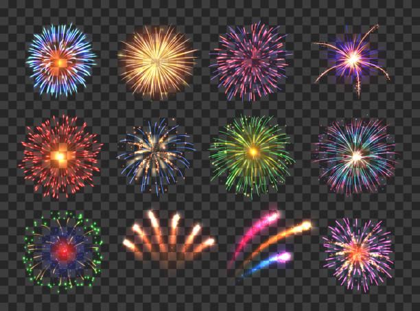 Fireworks with brightly shining sparks Big set of various fireworks with brightly shining sparks. Colorful pyrotechnics show. Realistic fireworks celebration isolated vector illustration. Beautiful light performance in night sky. fireworks stock illustrations