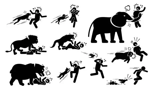 Vector illustration of Animals attack human icons signs symbol.