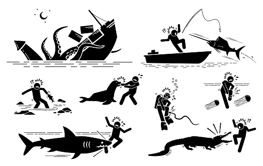 Illustrations depict giant squid, sailfish, fish, sea lion, sea snake, box jellyfish, shark, and crocodile attacking on people.