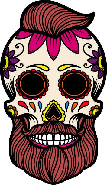Vector illustration of Hand drawn mexican bearded sugar skull isolated on white background. Design element for poster, card, banner, t shirt, emblem, sign. Vector illustration