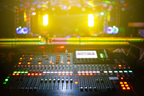 istock music mixer with stage, concert background blurred, yellow light 1159526166