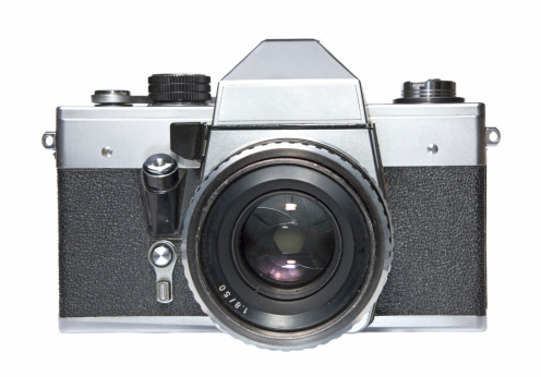 A classic 35mm film camera, cleanly isolated on a pure white background.
