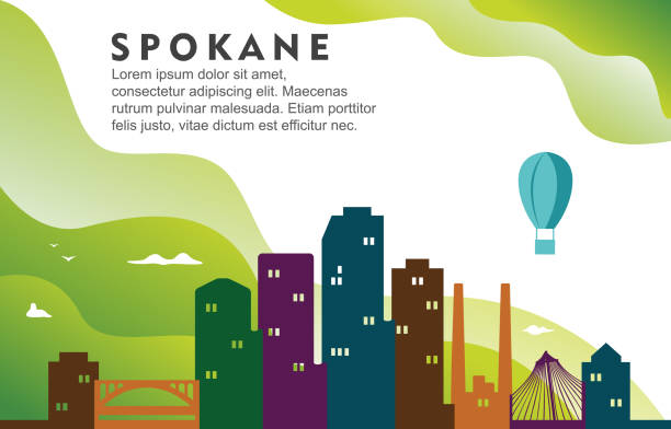 ilustraciones, imágenes clip art, dibujos animados e iconos de stock de spokane washington city building cityscape skyline dynamic background illustration - spokane