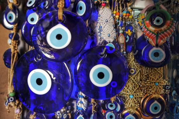 istock Blu beads and blu door ornament. Blue beads focus. Blue eyes beads. 1159530107