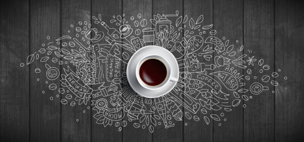 ilustraciones, imágenes clip art, dibujos animados e iconos de stock de concepto de café sobre fondo de madera - taza de café blanco, vista superior con ilustración de garabatos sobre café, frijoles, mañana, espresso en la cafetería, desayuno. ilustración del vector del café de la mañana. dibujo a mano e ilustración  - coffee cup coffee coffee crop coffee bean