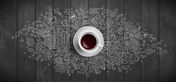 illustrations, cliparts, dessins animés et icônes de concept de café sur le fond en bois - tasse blanche de café, vue supérieure avec l'illustration de griffonnage au sujet du café, des haricots, du matin, de l'espresso dans le café, du petit déjeuner. illustration de vecteur de café de matin. dessin  - coffee backgrounds cafe breakfast