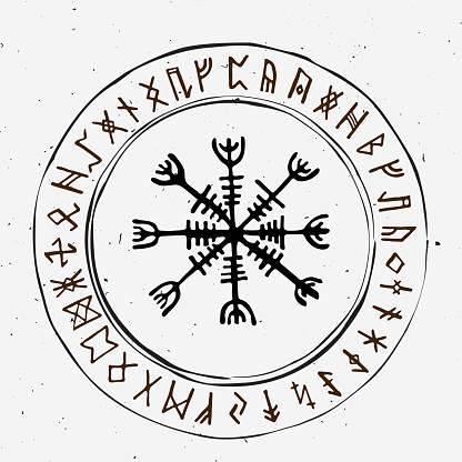 Futhark norse islandic and viking runes set. Magic hand draw symbols as scripted talismans. Vector set of ancient runes of Iceland. Galdrastafir, mystic signs of early North magic. Ethnic norse viking tattoo design with light texture