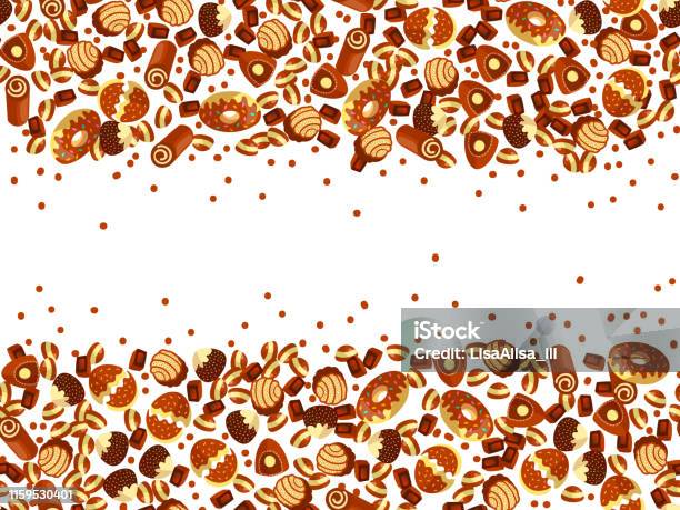 Cadre De Sucrerie De Chocolat Des Bonbons De Choco Sur Le Fond Blanc Bannière De Sucrerie De Chocolat Vue Supérieure Plate Gisait Avec Des Éléments Décoratifs Fond De Sucrerie De Chocolats Vecteurs libres de droits et plus d'images vectorielles de Admirer le paysage