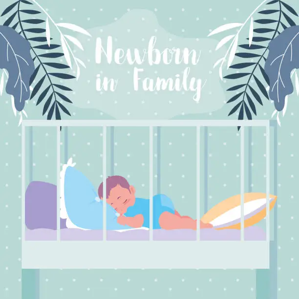 Vector illustration of newborn in family with baby sleeping in crib