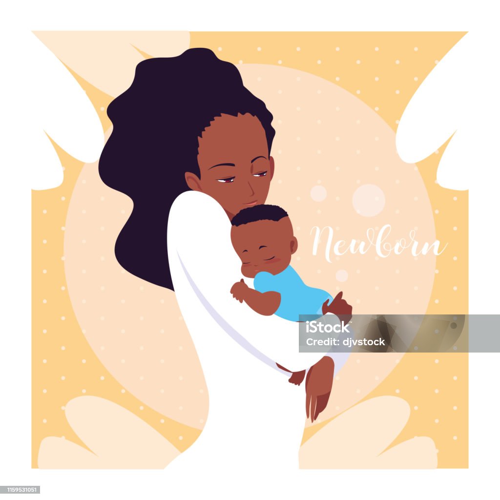 Newborn Card With Mom Afro And Cute Little Son Stock Illustration ...