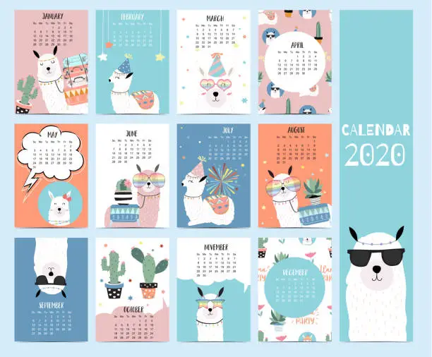 Vector illustration of Animal calendar 2020 with llama for children.Can be used for printable graphic