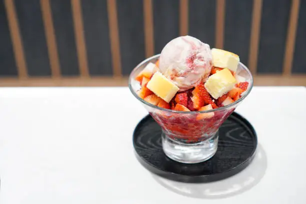 Photo of Strawberry kakigori, shaved ice in Japanese style.