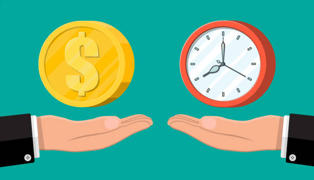 Clock and money on hand scales Clock and money on hand scales. Annual revenue, financial investment, savings, bank deposit, future income, money benefit. Time is money concept. Vector illustration in flat style watch cartoon gold illustration and painting stock illustrations