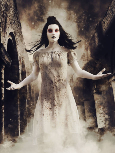 istock Ghost girl in a ruined abbey 1159537109