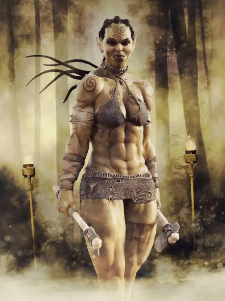 Female orc warrior holding axes in her hands, standing in a dark forest at night. The entire image was rendered in 3D programs.