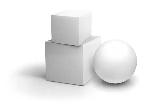 White cube and sphere Isolated objects on a white background. 3D rendering.