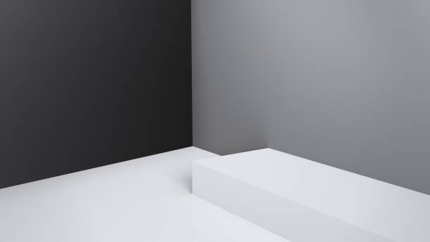 istock Empty corner with black walls and white floor. Empty room studio gradient used for background and display your product. 3d illustration 1159537870