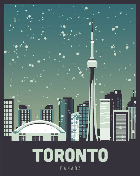 Toronto City Scape During a Snowstorm Vector Illustration of Toronto city skyline with a blue green sky during a snowstorm. snow storm city stock illustrations