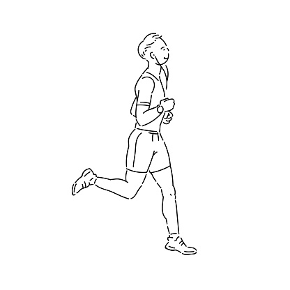 Young man athlete runs with headphones vector line art flat black white sketch isolated illustration