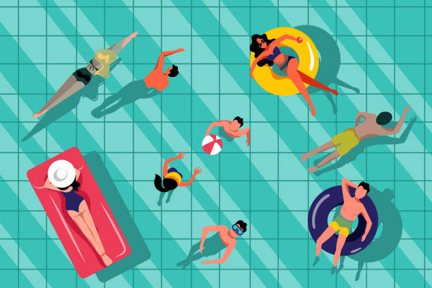 menschen schwimmen im schwimmbad, top-ansicht-illustration. vektor sommer handgezeichnetwasser hintergrund. - swimming pool illustrations stock-grafiken, -clipart, -cartoons und -symbole