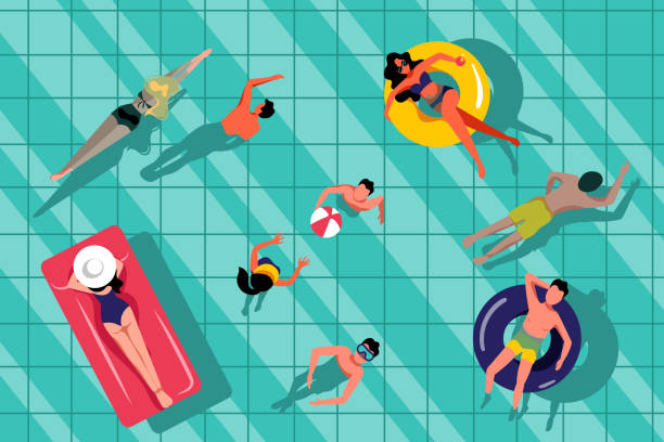 illustrazioni stock, clip art, cartoni animati e icone di tendenza di persone che nuotano in piscina, illustrazione vista dall'alto. sfondo d'acqua disegnata a mano a mano vector. - galleggiare sullacqua