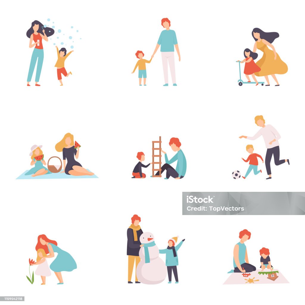 Parents and Their Children Spending Good Time Together Set, Happy Family Outdoor Activities Vector Illustration Parents and Their Children Spending Good Time Together Set, Happy Family Outdoor Activities Vector Illustration on White Background. Child stock vector