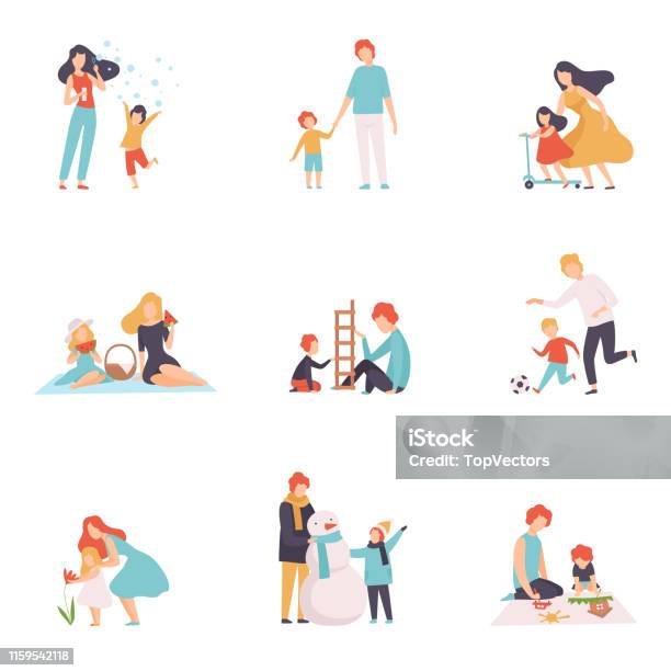 Parents And Their Children Spending Good Time Together Set Happy Family Outdoor Activities Vector Illustration Stock Illustration - Download Image Now