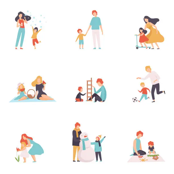 Vector illustration of Parents and Their Children Spending Good Time Together Set, Happy Family Outdoor Activities Vector Illustration
