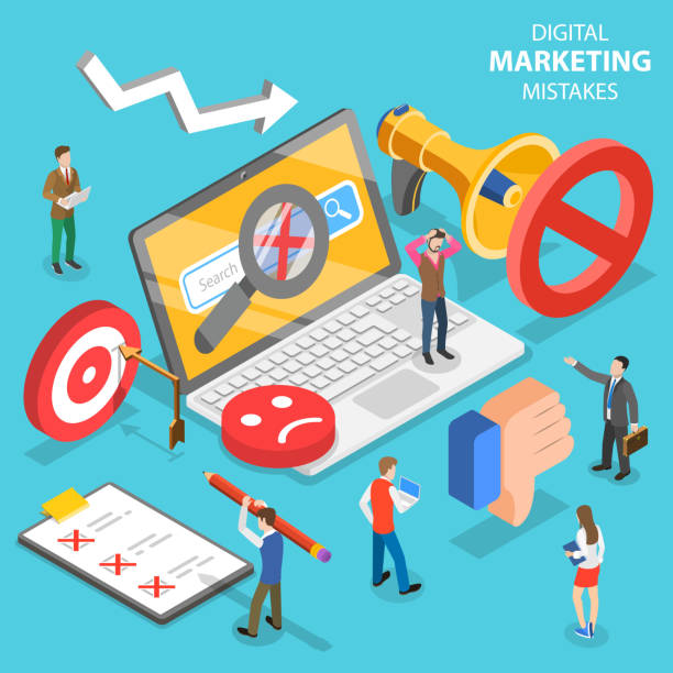 Isometric flat vector concept of digital marketing mistakes, wrong strategy. Isometric flat vector concept of digital marketing mistakes, wrong strategy, SEO errors. Rudeness stock illustrations