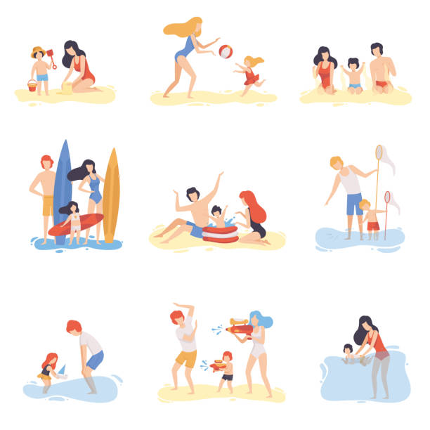 ilustraciones, imágenes clip art, dibujos animados e iconos de stock de padres y sus hijos jugando, nadando y divirtiéndose en la playa, happy family disfrutando de vacaciones de verano en seashore - surfing beach family father