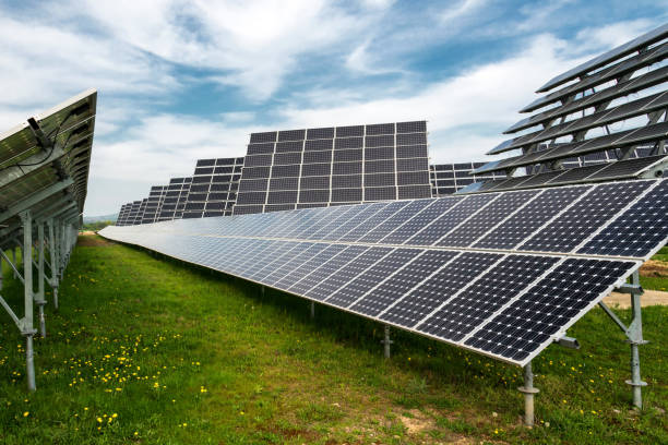 istock Solar panels, photovoltaics, with sun tracking systems -  alternative electricity source, concept of sustainable resources 1159542530