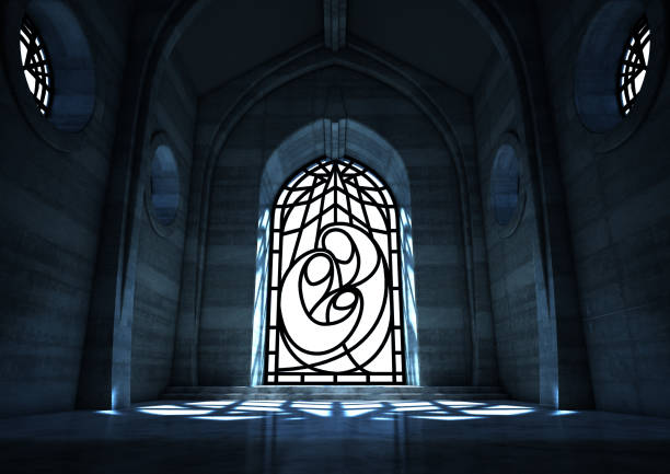 Coloured stained glass window in old church isolated on square white background with copy space and clipping path, full frame square composition