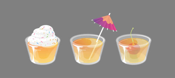 Set of cocktail jelly shot with toppings. Fresh sweet drink ads concept. Vector illustration. Set of jelly shots with cream, cocktail umbrella and cherry on top. Fresh sweet drink ads concept. Vector collection isolated on gray background. jello illustrations stock illustrations