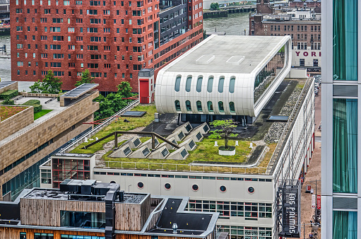 Rotterdam, The Netherlands, June 16, 2019: aerial view of the former Las Palmas warehouse, converted to office and museum, with roof garden and added construction