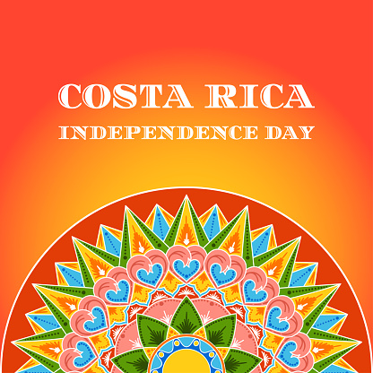 Costa Rica Independence Day, 15 September, illustration vector. Background with traditional decorated pattern from coffee carreta ornament wheel for banner, flyer, poster, cover, card design.