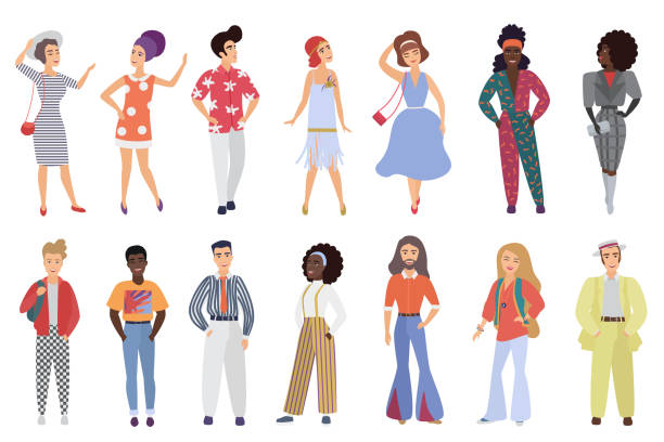 Set of young men and women wearing retro disco party clothes in 60s, 70s 80s style isolated on white background vector illustration. Set of young men and women wearing retro disco party clothes in 60s, 70s 80s style isolated on white background vector illustration 60s style dresses stock illustrations