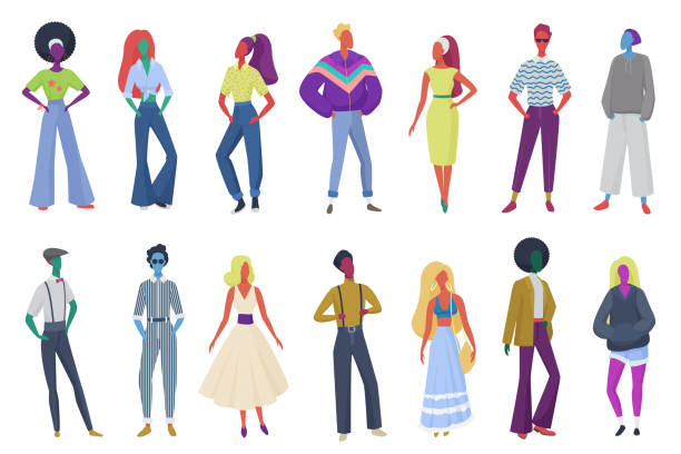 Group of minimalistic abstract retro fashion people wearing vintage clothes. Men and women in 60s, 70s 80s style clothing at retro disco party vector illustration. Group of minimalistic abstract retro fashion people wearing vintage clothes. Men and women in 60s, 70s 80s style clothing at retro disco party vector illustration 60s style dresses stock illustrations