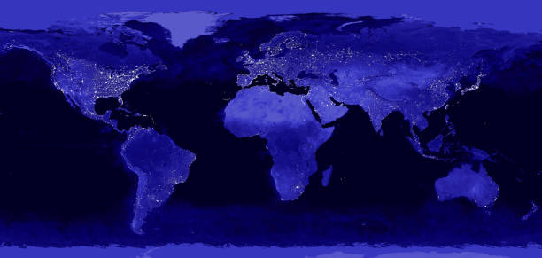 mapa de luces de la noche mundial. vista desde el espacio exterior. imagen panorámica - europa continente fotos fotografías e imágenes de stock