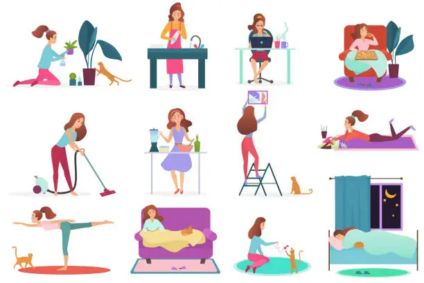 Vector illustration of Young woman home activities set. Girl watering plants, washing dishes, working with laptop, relaxing, eating pizza, cleaning house, cooking, repairing, drawing, yoga, sleeping vector illustration.