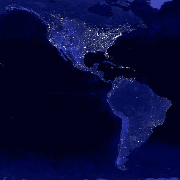 北美和南美的燈在夜間繪製地圖。從外太空查看 - argentina mexico 個照片及圖片檔